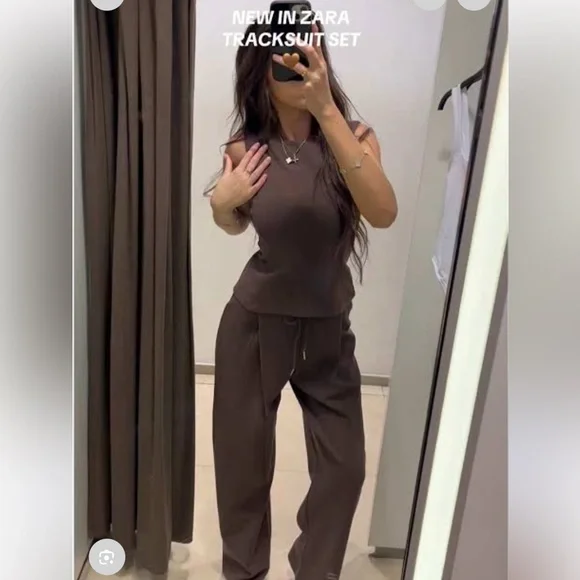 Zara Interlock Peplum Top & Pants Set Dark Brown Size Medium NWT - Picture 3 of 10